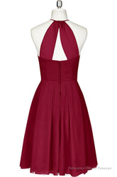 Cute Halter Burgundy Chiffon Knee Length Bridesmaid Dress